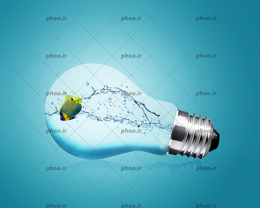 عکس لامپ حبابی که به حالت افقی قرار دارد و داخل آن آب است و یک ماهی درون ان شناور است با زمینه آبی