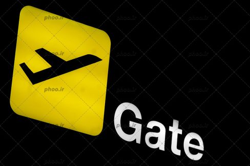 عکس تابلو زرد رنگ با تصویر هواپیما در پس زمینه مشکی و نوشته (Gate)