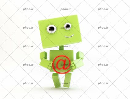 عکس با کیفیت ربات سبز با علامت اتساین قرمز در دست