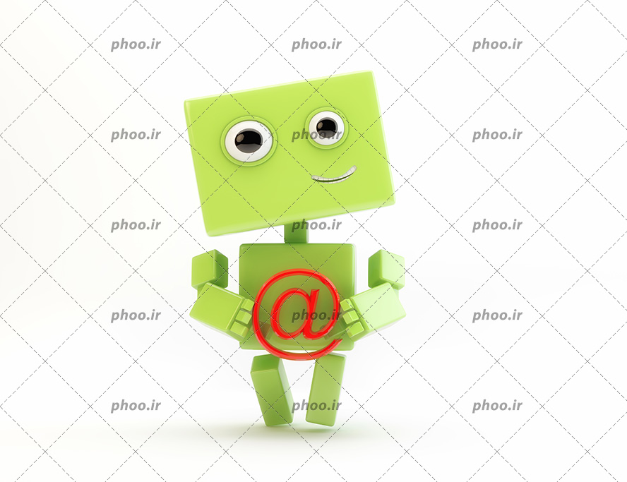 عکس با کیفیت ربات سبز با علامت اتساین قرمز در دست