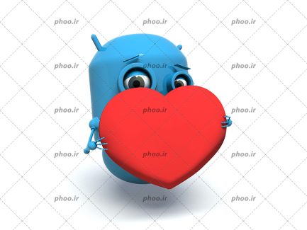 عکس با کیفیت یک ربات آبی رنگ کوچک با قلب قرمز در دست