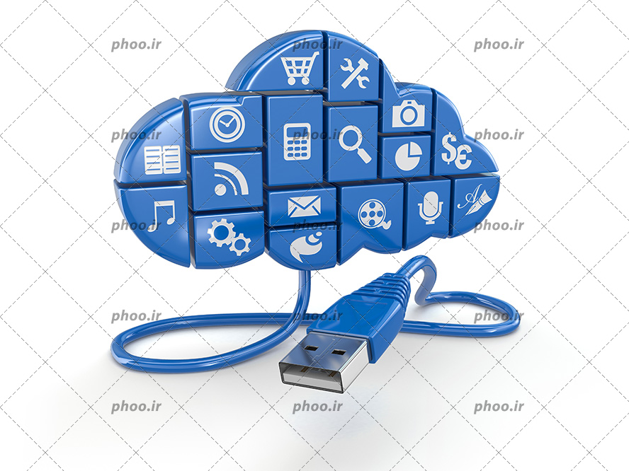 عکس با کیفیت آیکن های متفاوت در کنار هم به شکل ابر با یک کابل