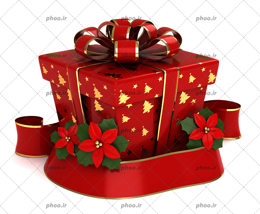 عکس با کیفیت جعبه کادو قرمز و روبان قرمز اطراف آن در پس زمینه سفید