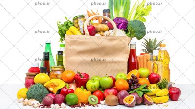عکس با کیفیت انواع میوه و سبزیجات و ترشیجات داخل کیسه خرید و روی زمین