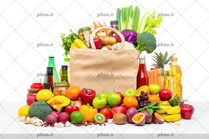 عکس با کیفیت انواع میوه و سبزیجات و ترشیجات داخل کیسه خرید و روی زمین