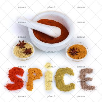 عکس با کیفیت ادویه هایی در ظرف های شیشه ای و هاون چینی با نوشته (spice) پایین آن