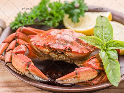عکس غذای دریایی خرچنگ و سبزی و لیمو در ظرف روی میز چوبی