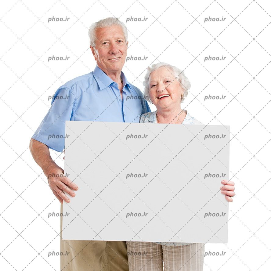 عکس با کیفیت زن و شوهر مسن با یک تابلوی سفید خالی در دست
