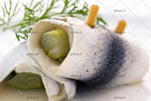 عکس غذا ماهی خام پیچیده شده با مخلفات