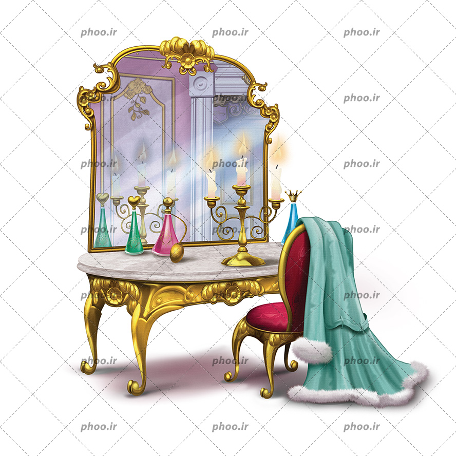 عکس فانتزی آیینه شمعدان و میز آرایش و شنل روی صندلی
