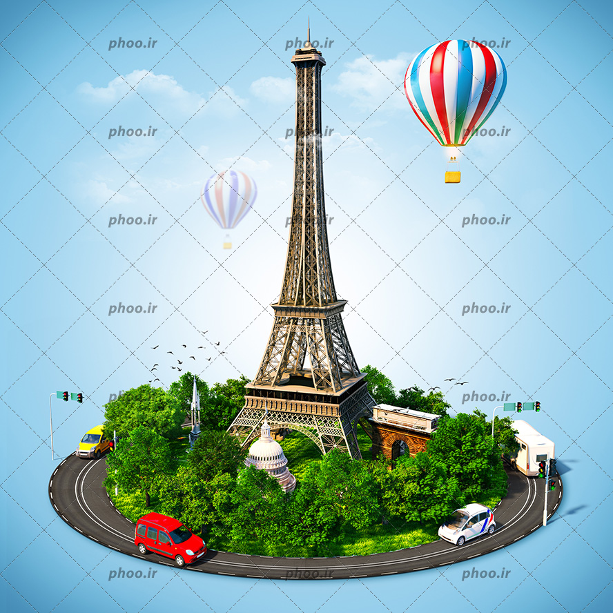 عکس برج ایفل پاریس فرانسه بین درختان و ماشین ها و بالون