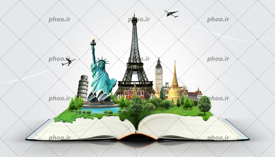 عکس مکان های دیدنی دنیا روی کتاب در زمینه سفید