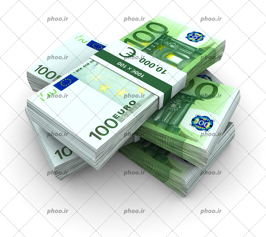 عکس چهار دسته اسکناس صد یورویی در زمینه سفید