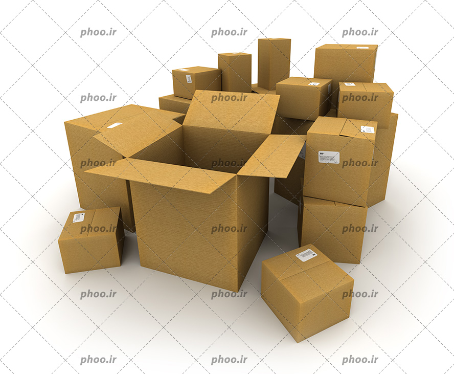 عکس تعدادی جعبه کارتن ساده کرم رنگ در ابعاد متفاوت با زمینه سفید
