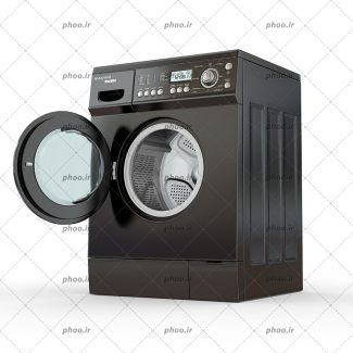 عکس ماشین لباسشویی مشکی اتوماتیک در پس زمینه سفید