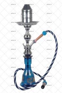 عکس قلیان زیبا با تنگ آبی و بدنه نقره ای در پس زمینه سفید