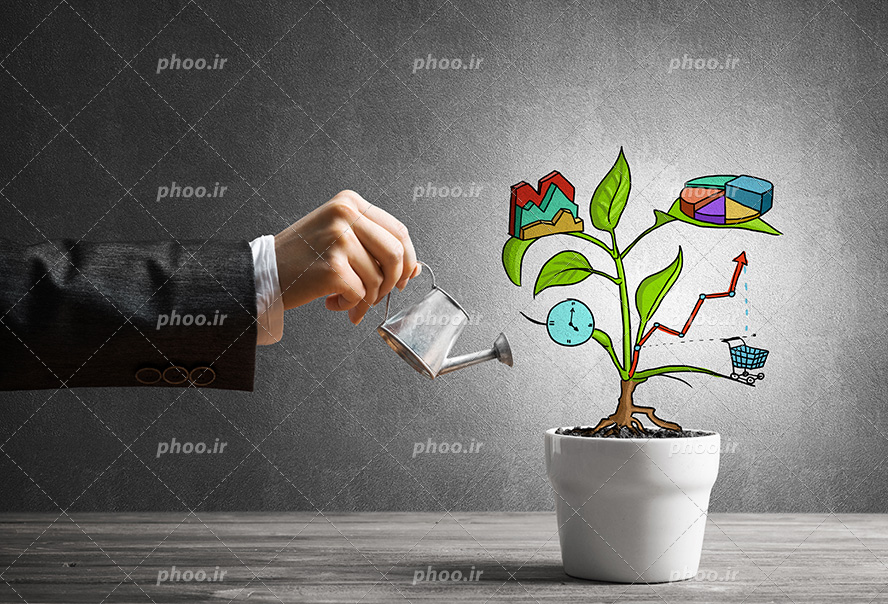 عکس با کیفیت مرد در حال آب دادن به گیاه نمودار با کمک آبپاش به معنی رشد اقتصادی