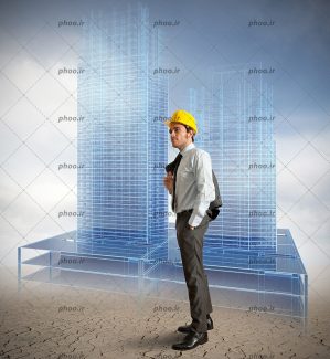 عکس یک مهندس معمار با کلاه ایمنی و کت شلوار در پس زمینه معماری و پروژه های ساختمان های مدرن