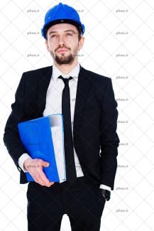 عکس یک مهندس با کلاه ایمنی و یک زونکن آبی در دست در پس زمینه سفید