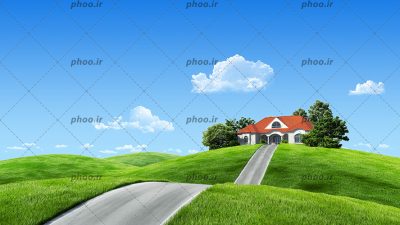 عکس با کیفیت جاده ای که در دشت سر سبز به یک خانه منتهی می شود