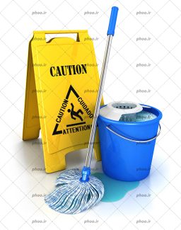 عکس با کیفیت تابلوی زرد رنگ احتیاط همراه با سطل و تی زمین شوی