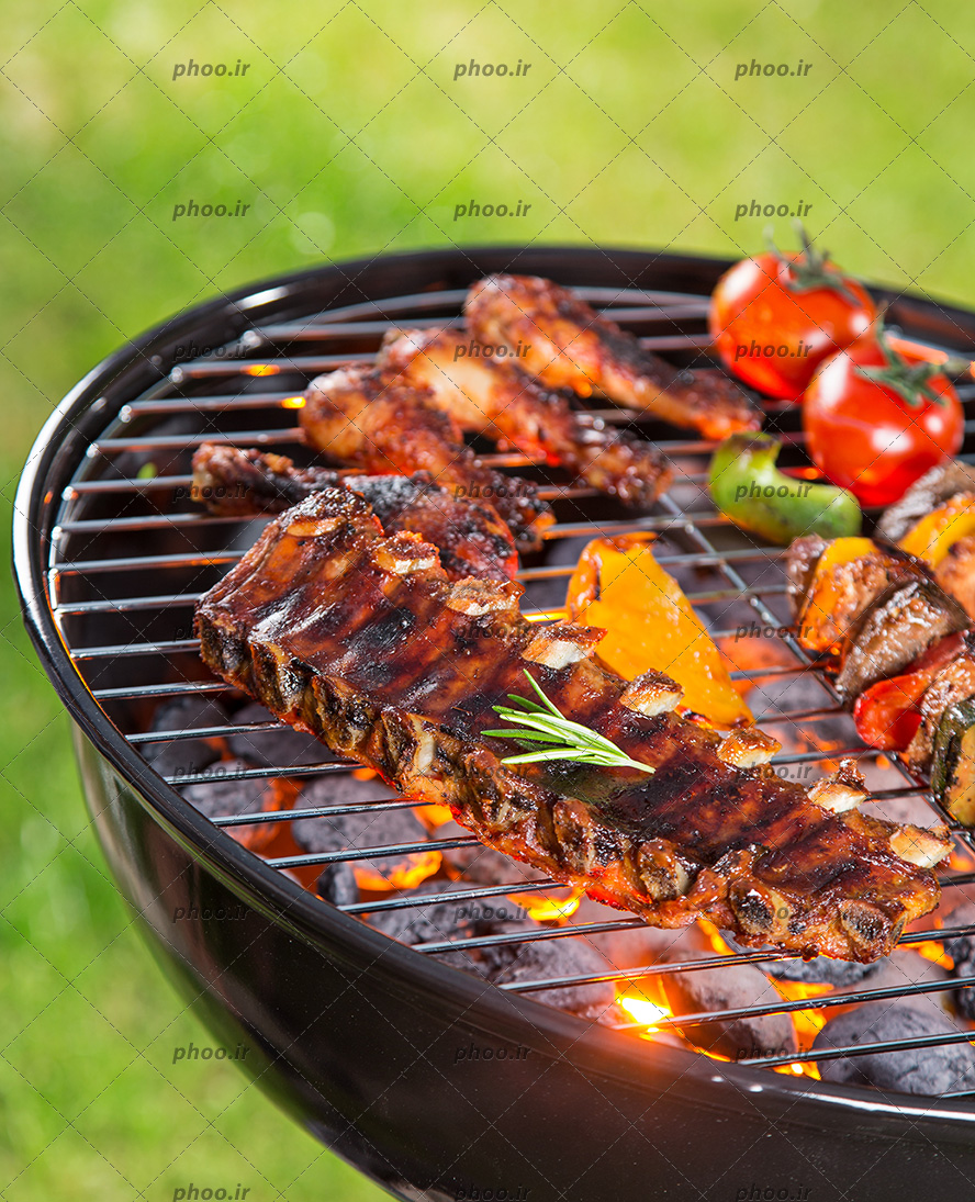 عکس گوشت دنده و پای مرغ و سبزیجات در حال کباب شده روی کباب پز در طبیعت