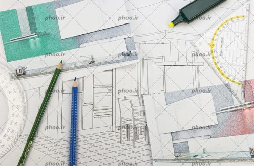 عکس وسایل و ابزار های نقشه کشی ساختمان با زمینه سفید