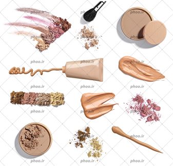 عکس مجموعه ای از کرم پودرها و کرم های مایع مختلف آرایشی بر روی زمینه سفید