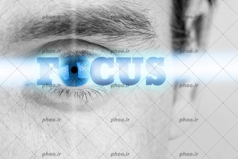 عکس چشم مرد و لیزر در چشم او و نوشته انگلیسی (ficus) در برابر چشم