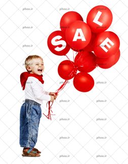 عکس کودکی شاد با بادکنک های قرمز که روی آنها کلمه SALE نوشته شده