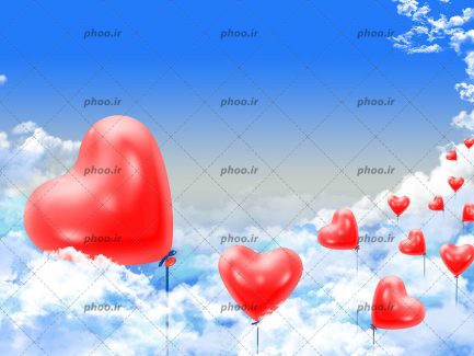عکس با کیفیت بادکنک های قرمز شکل قلب در آسمان ابری