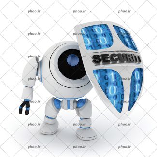 عکس با کیفیت ربات سفید با یک چشم که سپر در دست دارد