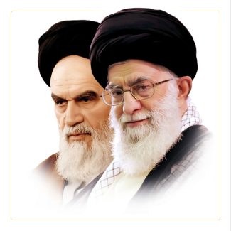 عکس با کیفیت قاب باریک به رنگ زرد و تصویر امام خمینی (ره) و سید علی خامنه ای در کنار یکدیگر در قاب در پس زمینه سفید
