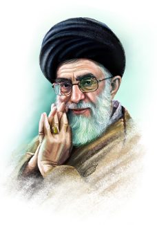 عکس با کیفیت نقاشی دیجیتالی چهره ی حضرت خامنه ای به همراه عمامه مشکی و عبا قهوه ای