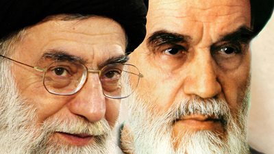 عکس با کیفیت چهره سه رخ امام خمینی و مقام معظم رهبری درکنار یکدیگر با عمامه های مشکی