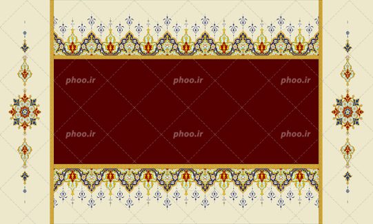 عکس با کیفیت پس زمینه کرمی و کادر مستطیلی قرمز در وسط و نقوش تذهیبی به دور کادر و شمسه های زیبا در دو طرف کادر