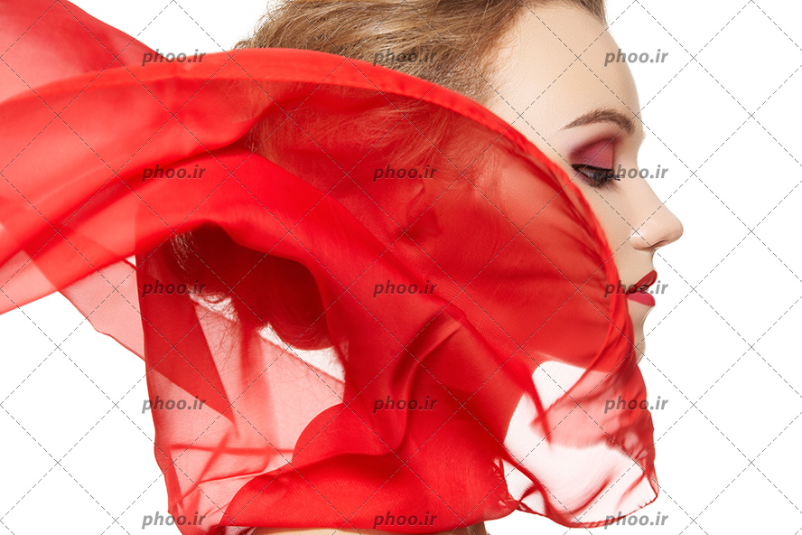عکس نیم رخ چهره خانم با آرایش صورت و شنیون مو و شال قرمز
