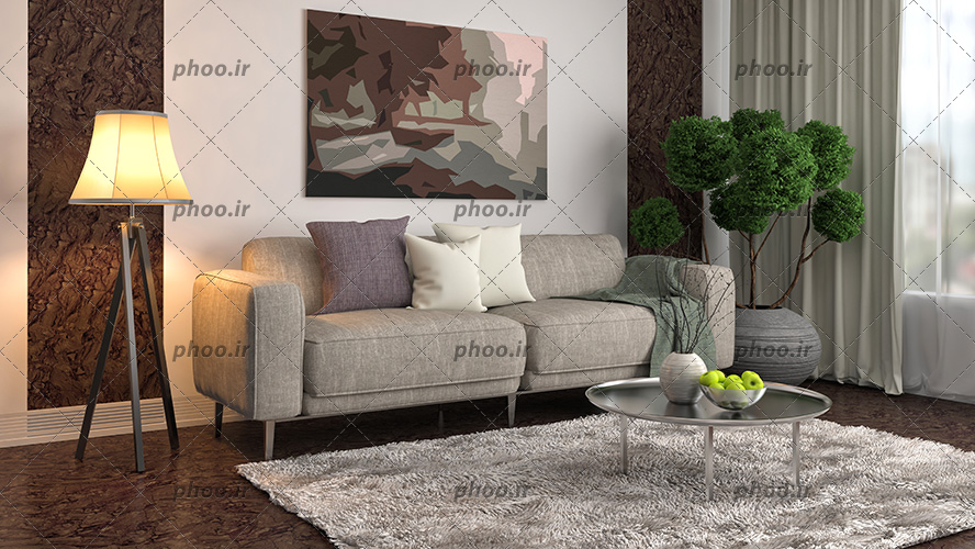 عکس اتاق نشیمن با مبل خاکستری و آباژور در کنار مبل و میز دایره ای جلوی مبل و تابلو نقاشی روی دیوار