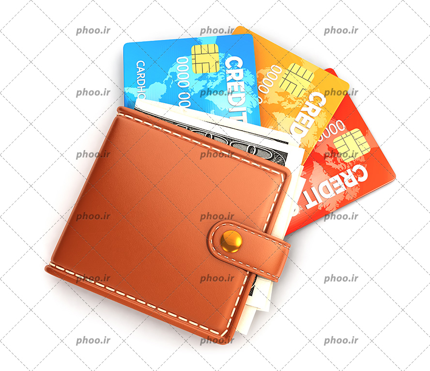 عکس با کیفیت کیف پول در کنار پول و کارت های اعتباری