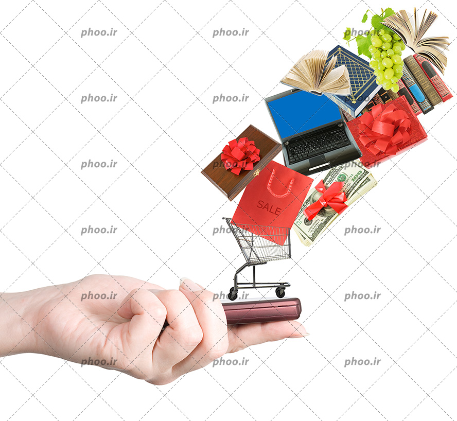 عکس با کیفیت گوشی در دست با یک سبد خرید کوچک روی آن