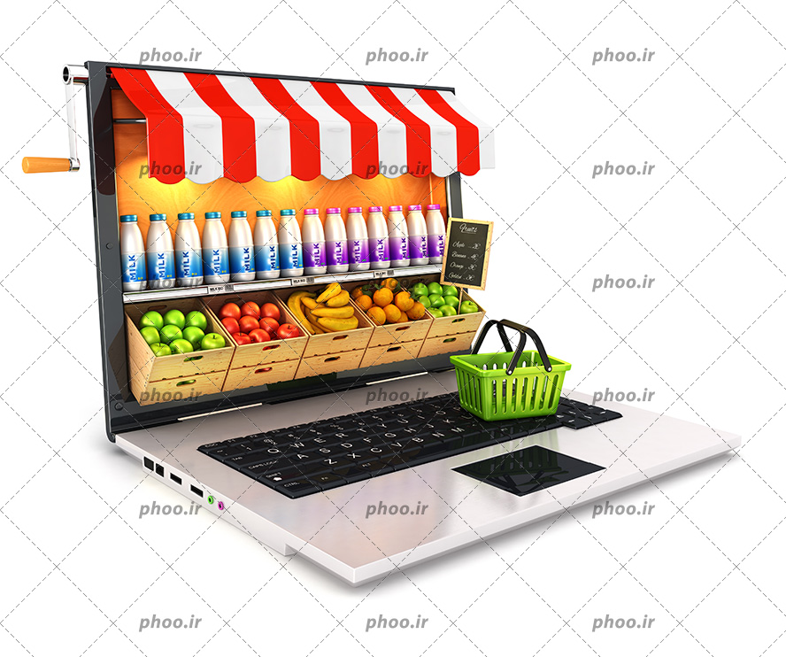 عکس با کیفیت لپ تاپ طراحی شده شبیه فروشگاه با سبد خرید روی آن