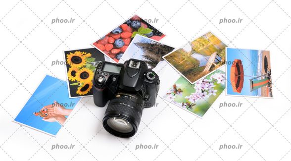 عکس با کیفیت دوربین عکاسی در کنار عکس های متفاوت در پس زمینه سفید