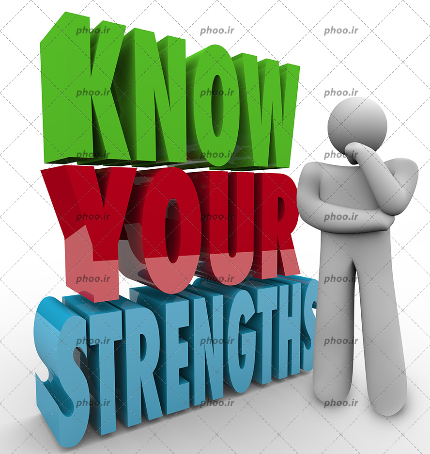 عکس آدمک در حال فکر کردن در کنار کلمات انگلیسی رنگی (know your strengths) به معنی نقاط قوت خود را بشناسید