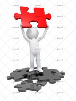 عکس با کیفیت آدمک با یک قطعه پازل قرمز