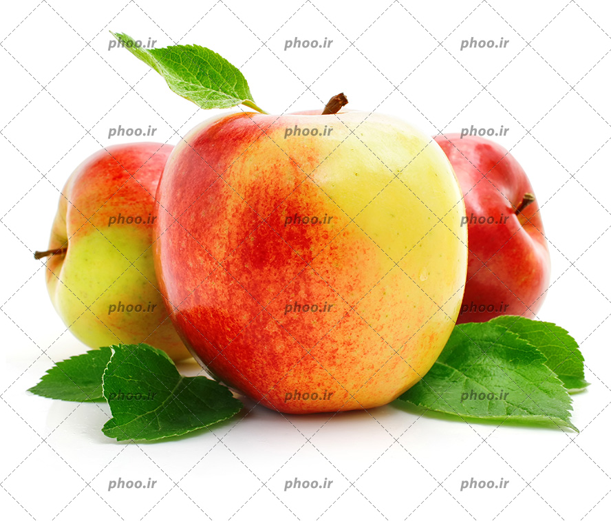عکس سه سیب قرمز خوشمزه با برگ