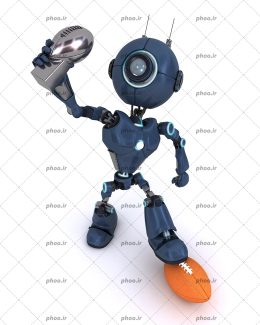 عکس با کیفیت ربات با توب بیسبال و جام نقره ای در دست