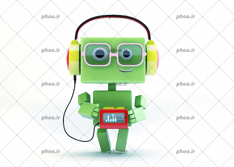 عکس با کیفیت ربات سبز با هدفون متصل به ضبط صوت روی گوش