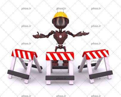 عکس با کیفیت ربات قهوه ای با کلاه ایمنی در کنار تابلو های هشدار دهنده