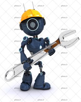 عکس با کیفیت ربات آبی با کلاه ایمنی و آچار بزرگ در دست