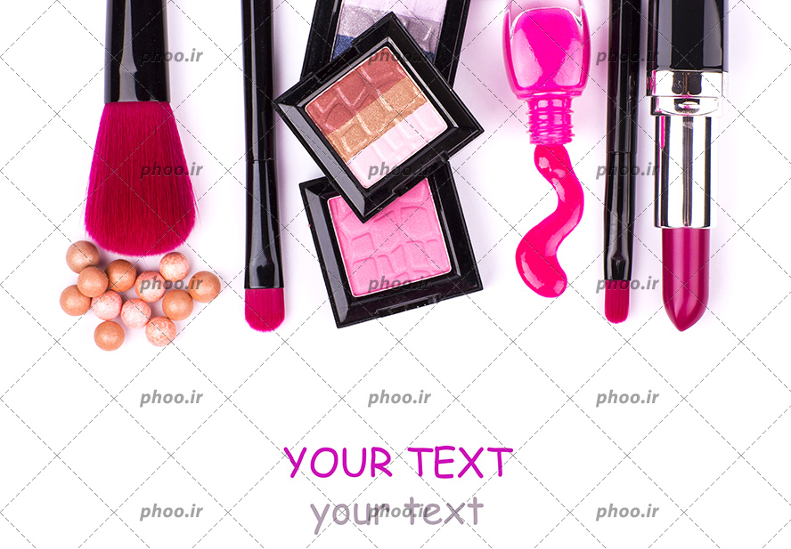 عکس تعدادی لوازم آرایشی در بالای تصویر در پس زمینه سفید و نوشتن متن در پایین تصویر